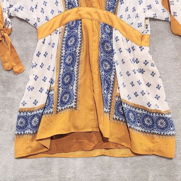 Free People Blue Tan V Neck Floral Santa Cruz Kimono Mini Dress Size Small Boho - Picture 4 of 12